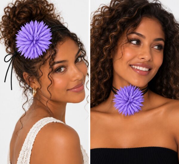 haarband-puntige-bloem-veter-paars-op-model-van-Haarsoires Haarband met Puntige Bloem - Veter Striklint - Lila Paars