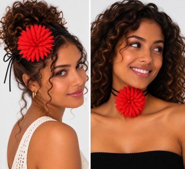 haarband-puntige-bloem-veter-rood-op-model-van-Haarsoires Haarband met Puntige Bloem - Veter Striklint - Rood