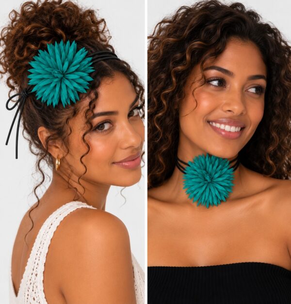 haarband-puntige-bloem-veter-zeegroen-op-model-van-Haarsoires Haarband met Puntige Bloem - Veter Striklint - Groen