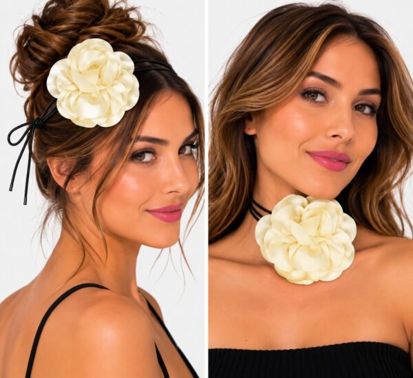 Haarband met Ronde Bloem - Veter Striklint - Creme
