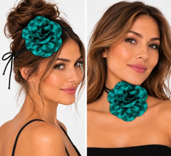 haarband-ronde-bloem-veter-zeegroen-op-model-van-Haarsoires Haarband met Ronde Bloem - Veter Striklint - Zeegroen