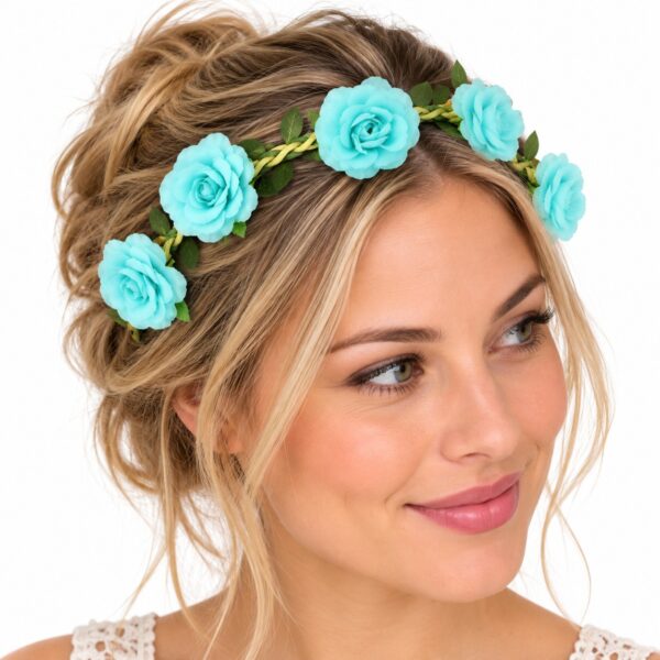 Haarband met Roos Bloemen - Aqua Blauw