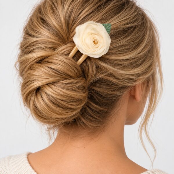haarvork-bloem-beige-op-model-van-Haarsoires Haarvork 11cm - Bloem - Haarpin voor Knot - Bruin Beige