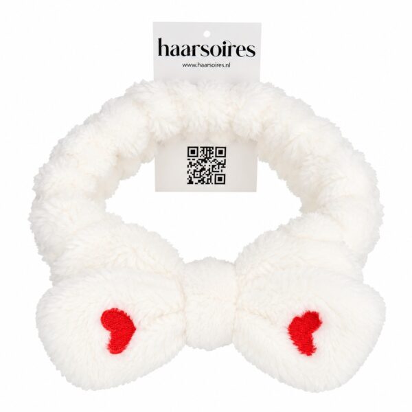 make-up-haarband-teddy-wit-op-displaykaart-van-Haarsoires Make-Up Haarband – Hartjesprint – Teddy met Strik – Wit