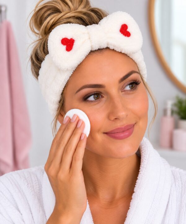 make-up-haarband-teddy-wit-op-model-van-Haarsoires Make-Up Haarband – Hartjesprint – Teddy met Strik – Wit