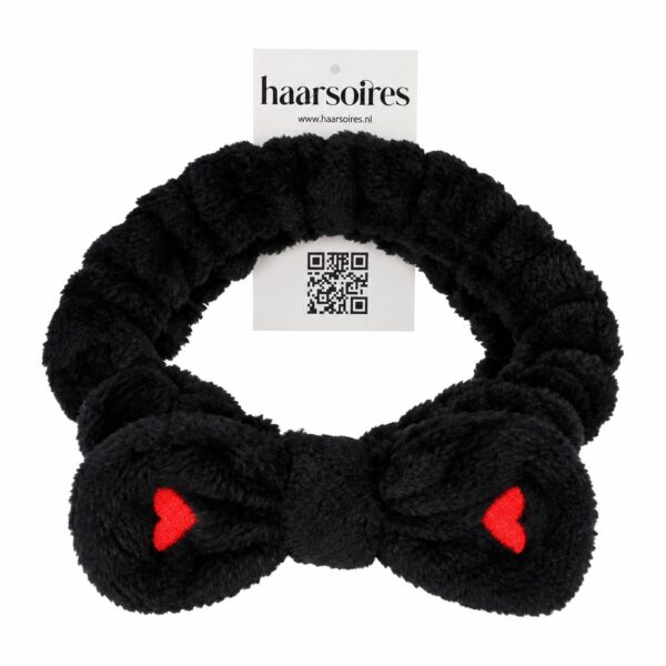 make-up-haarband-teddy-zwart-op-displaykaart-van-Haarsoires Make-Up Haarband – Hartjesprint – Teddy met Strik – Zwart
