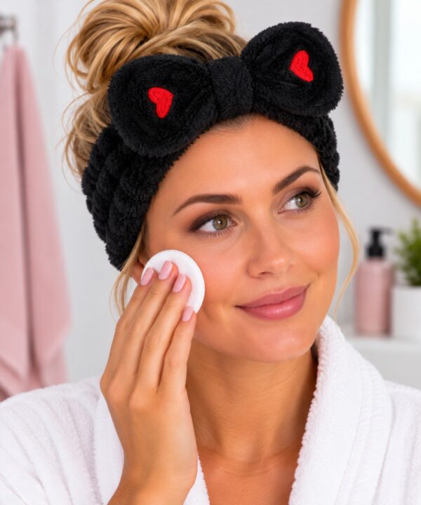 make-up-haarband-teddy-zwart-op-model-van-Haarsoires Make-Up Haarband – Hartjesprint – Teddy met Strik – Zwart