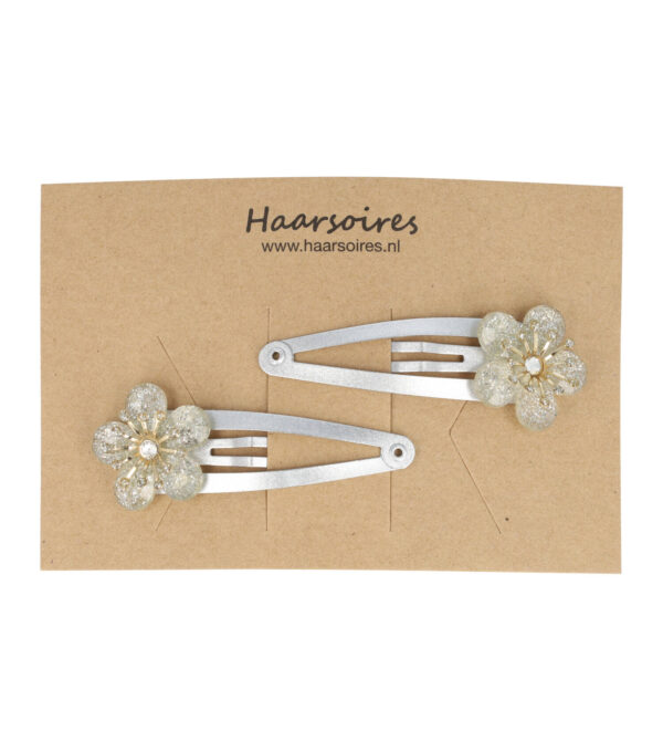 Haarspeld Klikklak 5cm - Bloem - Glitter Steentjes - Zilver - 2 Stuks