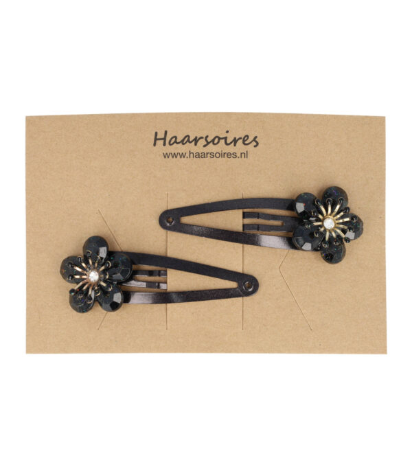 25506_15 Haarspeld Klikklak 5cm - Bloem - Glitter Steentjes - Zwart - 2 Stuks