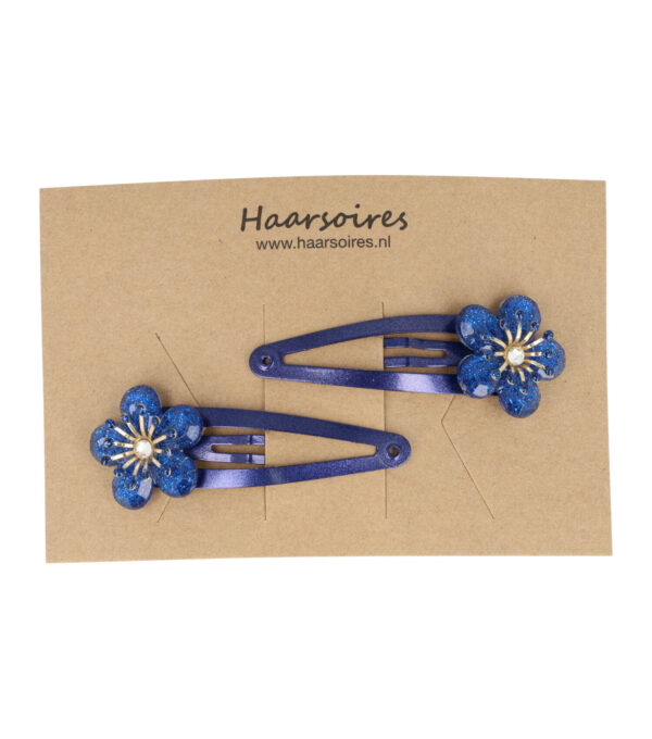 Haarspeld Klikklak 5cm - Bloem - Glitter Steentjes - Blauw - 2 Stuks