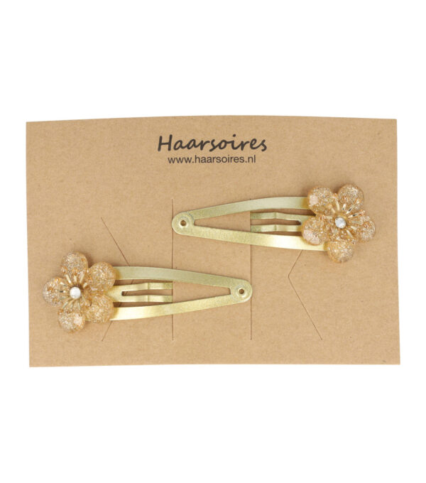 Haarspeld Klikklak 5cm - Bloem - Glitter Steentjes - Goud - 2 Stuks