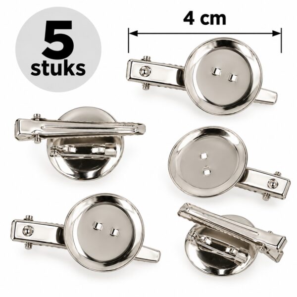DIY-haarklemmetjes-plakschijf-broche-4cm-5-stuks-van-Haarsoires DIY Haarklemmen 4cm - Plakschijf en Broche - Metaal - Zilver - 5 Stuks