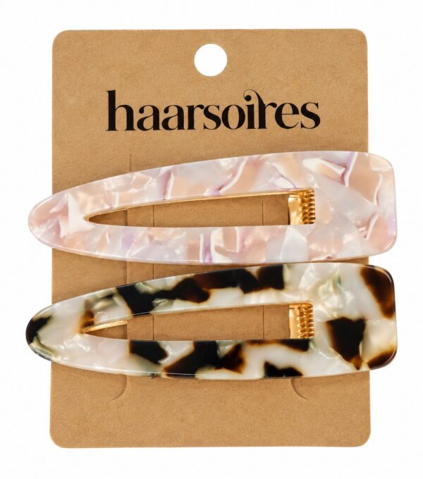 duckklemmen-marmerprint-beige-roze-op-kaart-van-Haarsoires Haarspeld Duckklemmen 7cm – Marmerprint – Bruin Beige Roze – 2 Stuks