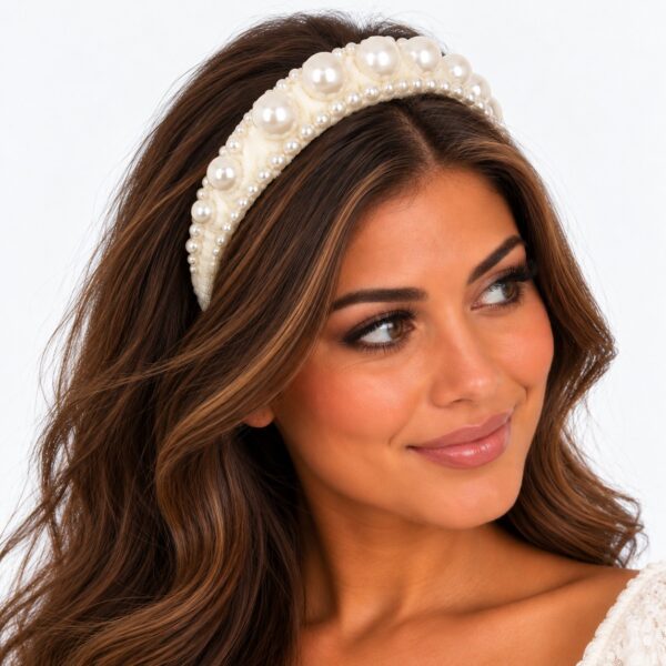 haarband-diadeem-parelkralen-velvet-wit-op-model-van-Haarsoires Haarband Diadeem - Parelkralen - Velvet - Wit