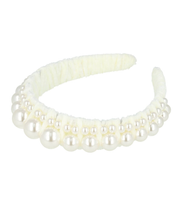 haarband-diadeem-parelkralen-velvet-wit-zijaanzicht Haarband Diadeem - Parelkralen - Velvet - Wit