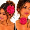 Haarband met Gekrulde Bloem - Veter Striklint - Fuchsia Roze