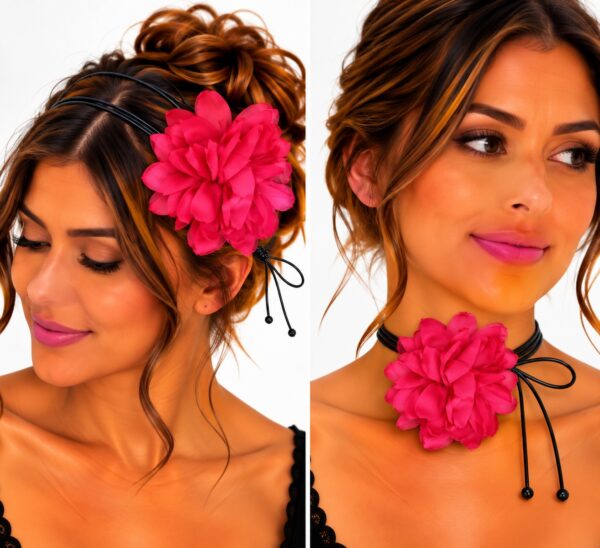 Haarband met Gekrulde Bloem - Veter Striklint - Fuchsia Roze