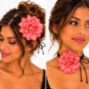 Haarband met Gekrulde Bloem - Veter Striklint - Koraalroze