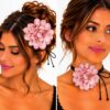 Haarband met Gekrulde Bloem - Veter Striklint - Lichtroze