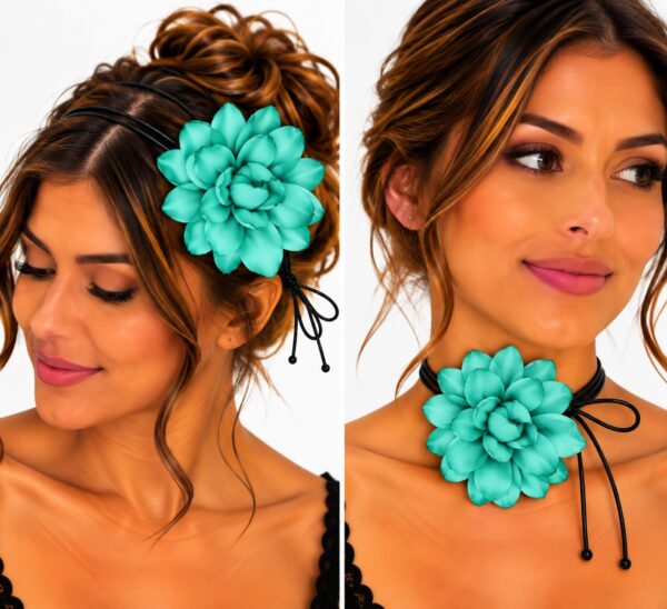 haarband-gekrulde-bloem-veter-mintgroen-op-model-van-Haarsoires Haarband met Gekrulde Bloem - Veter Striklint - Mintgroen