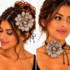 Haarband met Gekrulde Bloem - Veter Striklint - Taupe Grijs