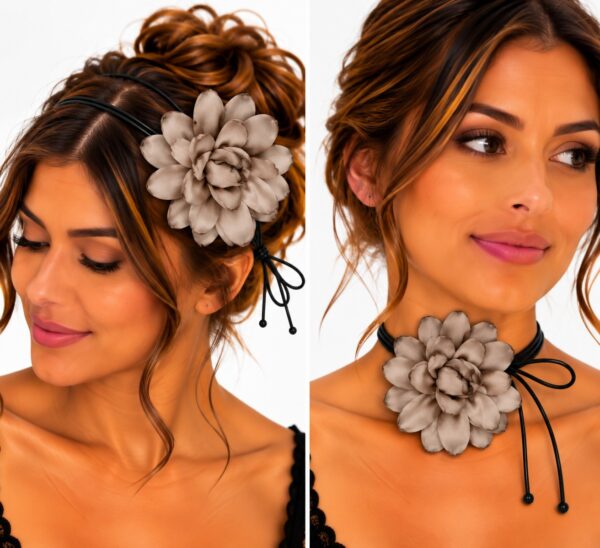 Haarband met Gekrulde Bloem - Veter Striklint - Taupe Grijs