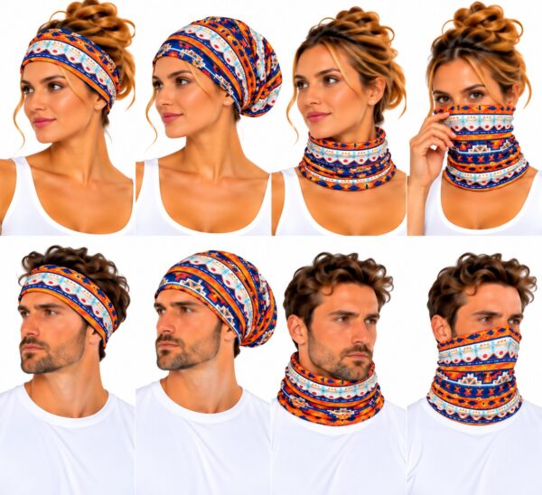haarband-multifunctioneel-Ibizaprint-multicolor-op-model-van-Haarsoires Haarband Multifunctioneel 45x25cm - Ibizaprint - Oranje Blauw