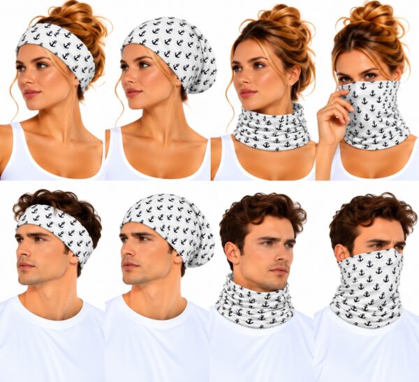 haarband-multifunctioneel-ankerprint-wit-op-model-van-Haarsoires Haarband Multifunctioneel 45x25cm - Ankerprint - Wit