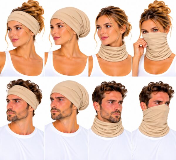 haarband-multifunctioneel-beige-op-model-van-Haarsoires Haarband Multifunctioneel 45x25cm - Effen - Beige
