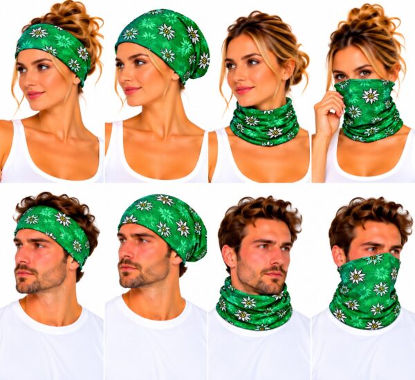 haarband-multifunctioneel-bloemenprint-groen-op-model-van-Haarsoires Haarband Multifunctioneel 45x25cm - Bloemenprint - Groen Wit