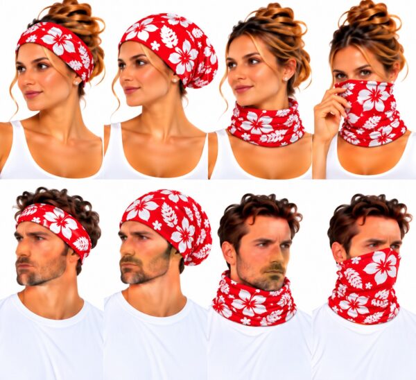 haarband-multifunctioneel-bloemenprint-rood-op-model-van-Haarsoires Haarband Multifunctioneel 45x25cm - Bloemenprint - Wit Rood