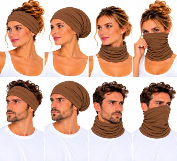 haarband-multifunctioneel-bruin-op-model-van-Haarsoires Haarband Multifunctioneel 45x25cm - Effen - Bruin