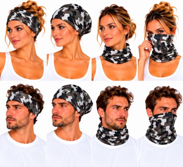 haarband-multifunctioneel-camouflage-print-grijs-bruin-op-model-van-Haarsoires Haarband Multifunctioneel 45x25cm - Camouflage - Grijs Bruin