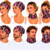 haarband-multifunctioneel-camouflage-print-grijs-zwart-roze-op-model-van-Haarsoires Haarband Multifunctioneel 45x25cm - Camouflage - Roze Zwart Grijs