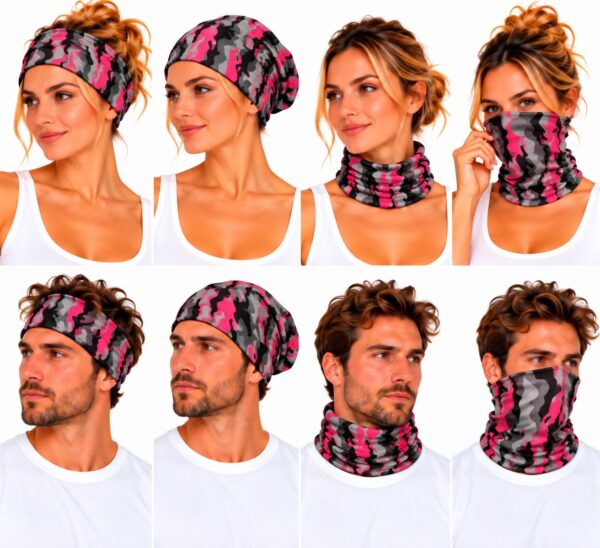 haarband-multifunctioneel-camouflage-print-grijs-zwart-roze-op-model-van-Haarsoires Haarband Multifunctioneel 45x25cm - Camouflage - Roze Zwart Grijs