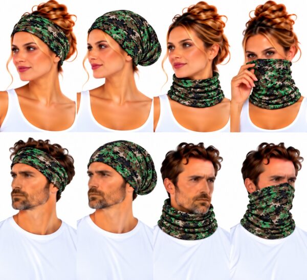 haarband-multifunctioneel-camouflageprint-groen-op-model-van-Haarsoires Haarband Multifunctioneel 45x25cm - Camouflageprint - Groen