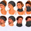 haarband-multifunctioneel-cirkelprint-zwart-op-model-van-Haarsoires Haarband Multifunctioneel 45x25cm - Cirkelprint - Zwart