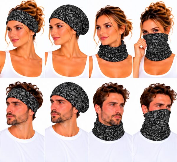 haarband-multifunctioneel-cirkelprint-zwart-op-model-van-Haarsoires Haarband Multifunctioneel 45x25cm - Cirkelprint - Zwart