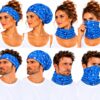 haarband-multifunctioneel-druppelprint-blauw-op-model-van-Haarsoires Haarband Multifunctioneel 45x25cm - Druppelprint - Blauw