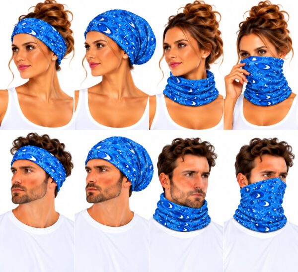 haarband-multifunctioneel-druppelprint-blauw-op-model-van-Haarsoires Haarband Multifunctioneel 45x25cm - Druppelprint - Blauw
