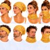 haarband-multifunctioneel-druppelprint-geel-op-model-van-Haarsoires Haarband Multifunctioneel 45x25cm - Druppelprint - Geel