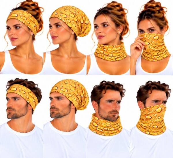 haarband-multifunctioneel-druppelprint-geel-op-model-van-Haarsoires Haarband Multifunctioneel 45x25cm - Druppelprint - Geel