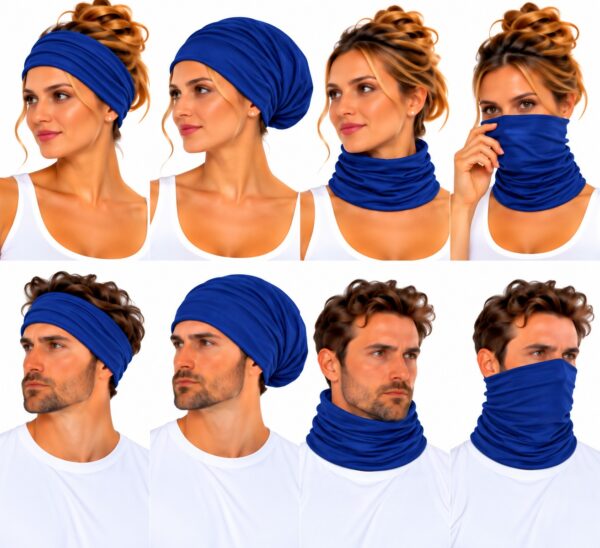 haarband-multifunctioneel-effen-blauw-op-model-van-Haarsoires Haarband Multifunctioneel 45x25cm - Effen - Blauw
