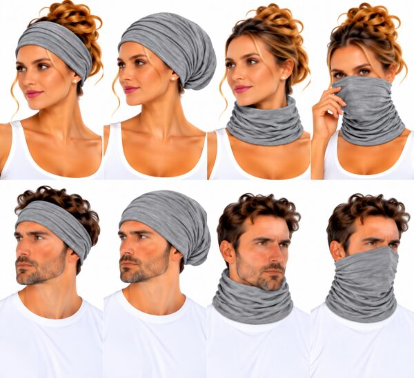 haarband-multifunctioneel-effen-grijs-op-model-van-Haarsoires Haarband Multifunctioneel 45x25cm - Effen - Grijs