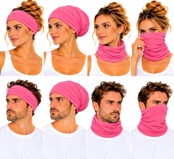 haarband-multifunctioneel-fuchsia-roze-op-model-van-Haarsoires Haarband Multifunctioneel 45x25cm - Effen - Fuchsia Roze