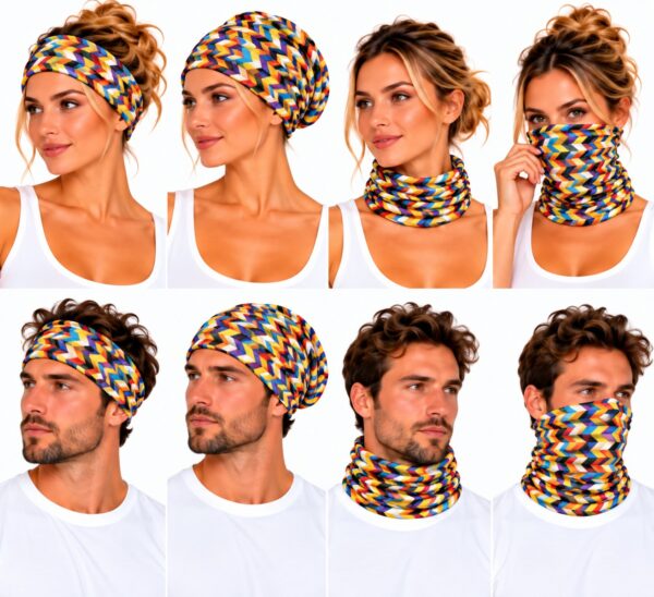 haarband-multifunctioneel-geometrische-print-multicolor-op-model-van-Haarsoires Haarband Multifunctioneel 45x25cm - Geometrische Print - Multicolor