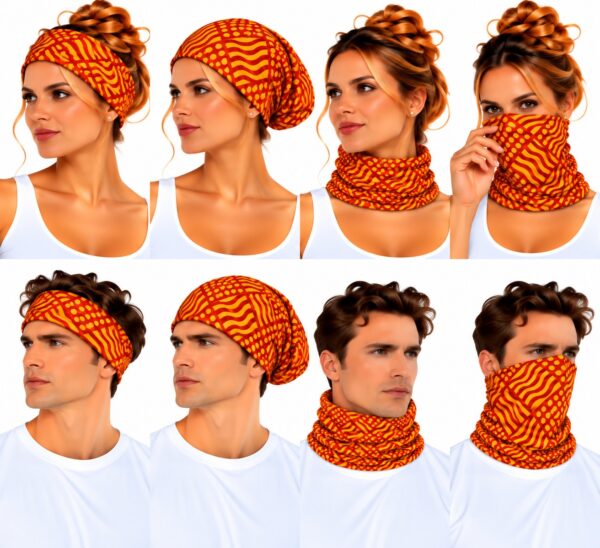 haarband-multifunctioneel-geometrische-print-oranje-bruin-op-model-van-Haarsoires Haarband Multifunctioneel 45x25cm - Grafische Print - Oranje Bruin