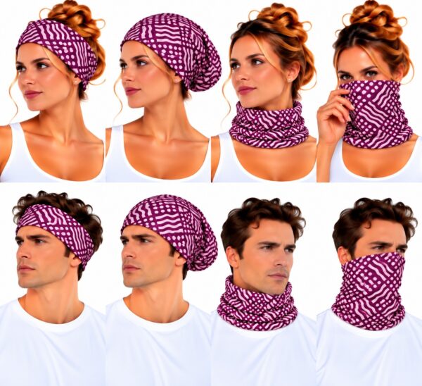 haarband-multifunctioneel-geometrische-print-paars-op-model-van-Haarsoires Haarband Multifunctioneel 45x25cm - Geometrische Print - Paars