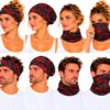 haarband-multifunctioneel-geometrische-print-rood-grijs-op-model-van-Haarsoires Haarband Multifunctioneel 45x25cm - Grafische Print - Rood Grijs