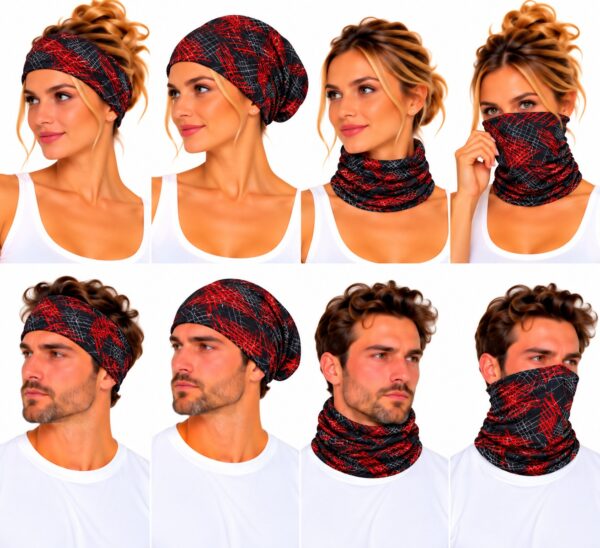 haarband-multifunctioneel-geometrische-print-rood-grijs-op-model-van-Haarsoires Haarband Multifunctioneel 45x25cm - Grafische Print - Rood Grijs